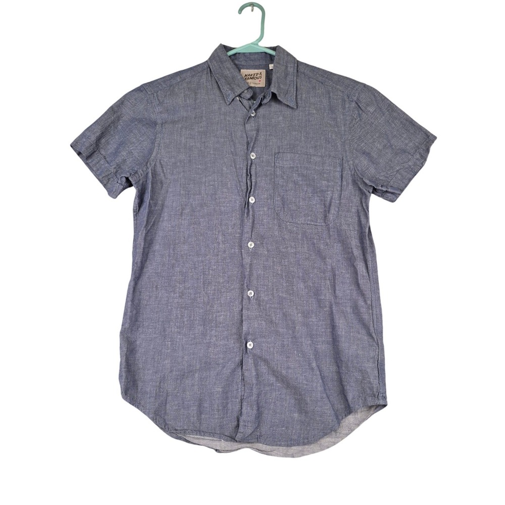 Naked & Famous Mens Blue Chambray Short Sleeve Button Down Shirt Canada Small